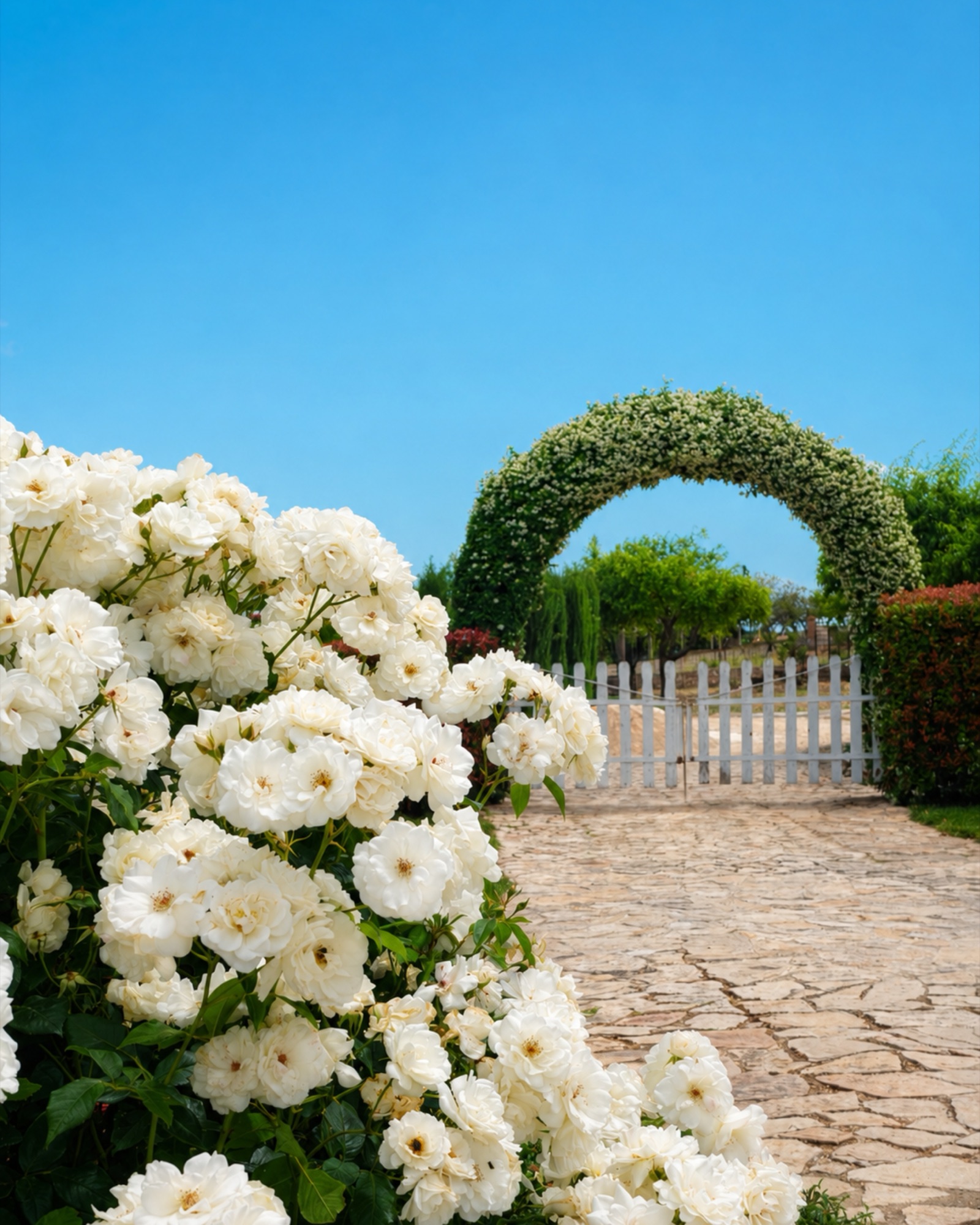 Arco di rose bianche all'ingresso di Villa Belvedere