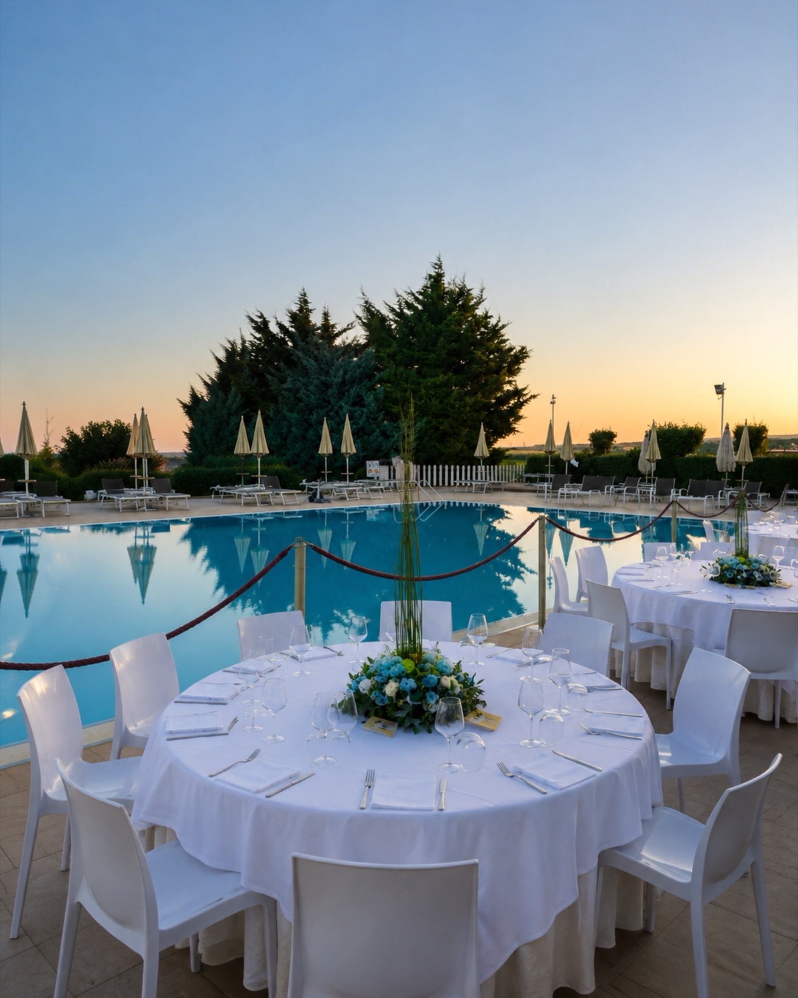 Tavoli allestiti a bordo piscina al tramonto