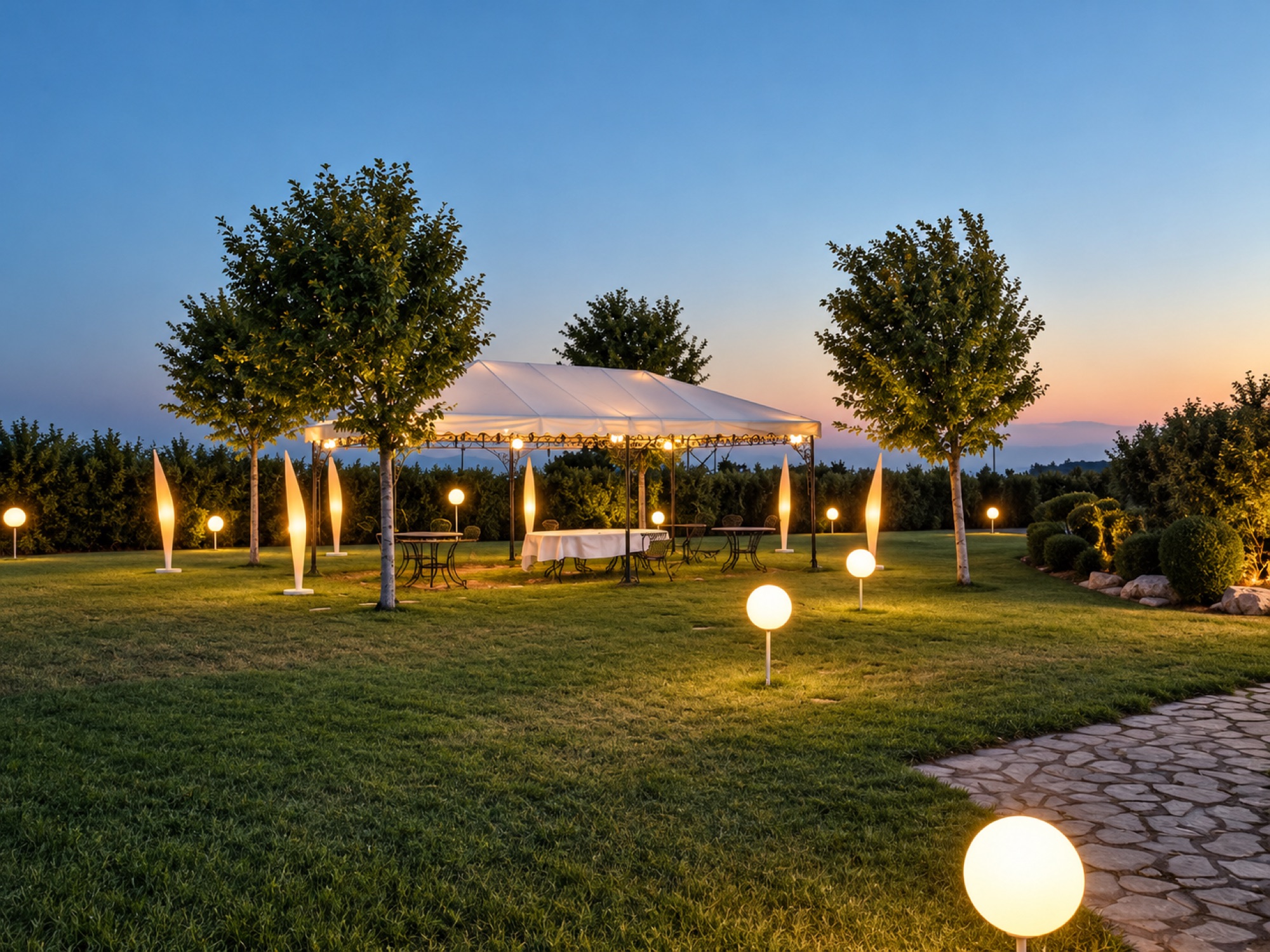 Giardino di Villa Belvedere illuminato al crepuscolo